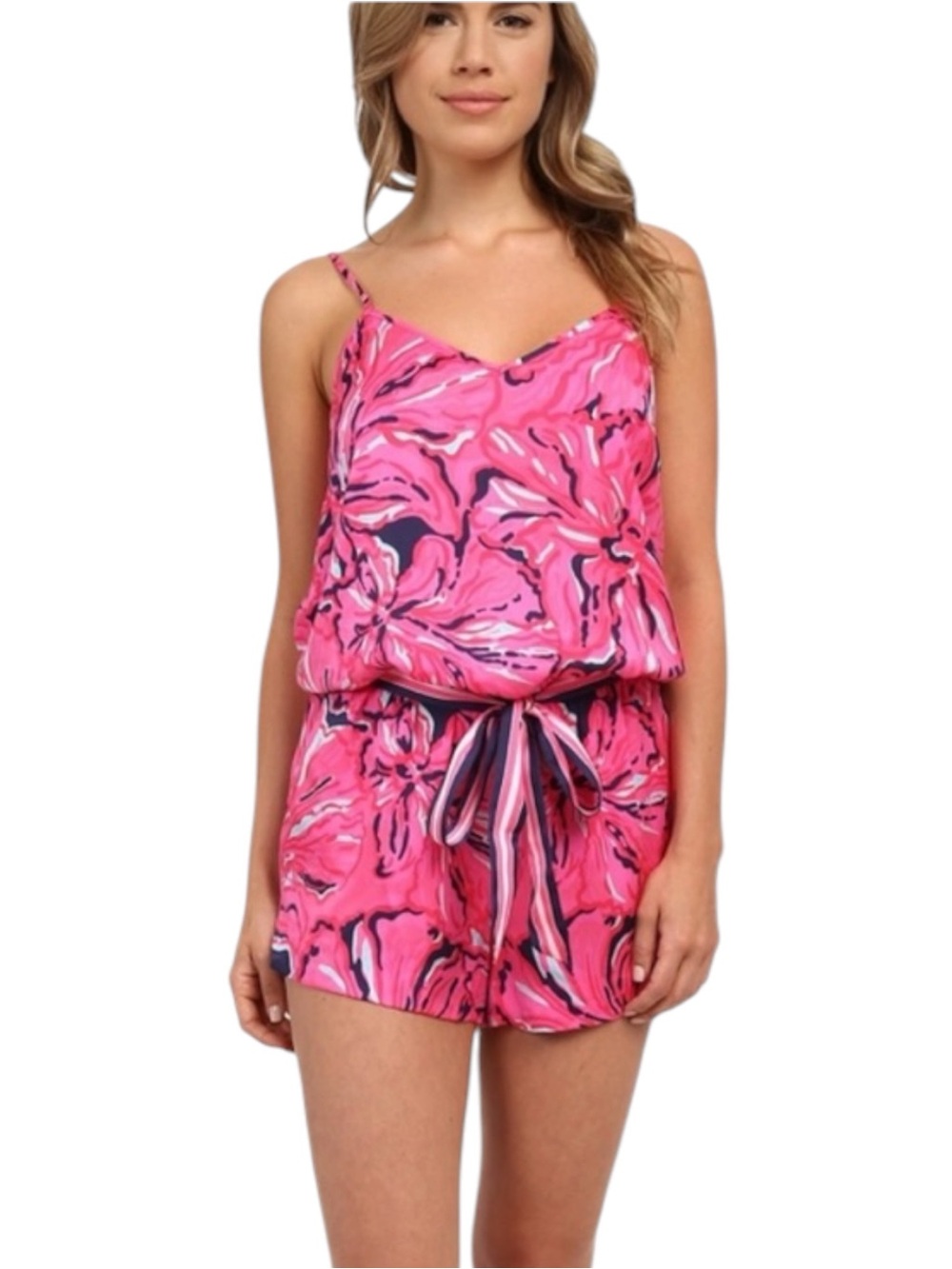 LILLY PULITZER Deanna Romper Bright Navy Flirty Engineered Tropical Belted XS